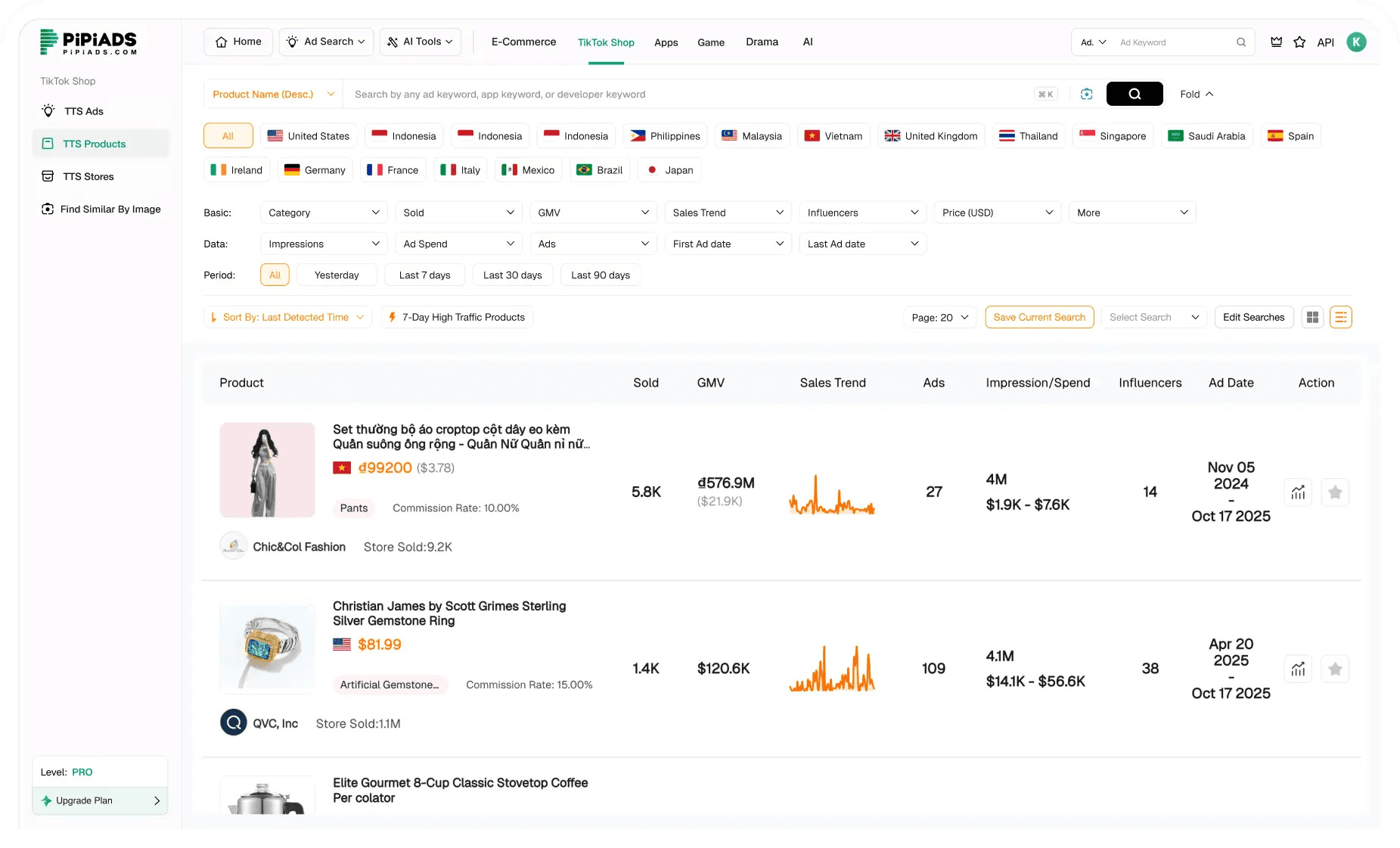 Example sortable product list screenshot
